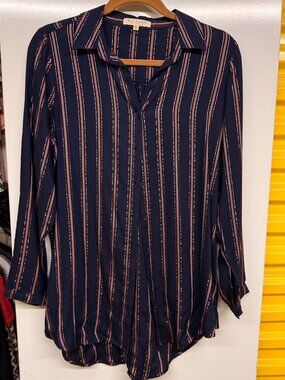 Side Stitch Navy & Copper Lurex Striped Button Down Tunic - XS
